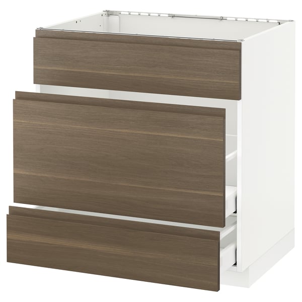 METOD Base cab f sink+3 fronts/2 drawers, white Maximera/Voxtorp walnut, 80x60x80 cm