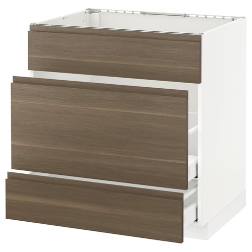 Dark walnut ikea METOD kitchen unit with multiple drawers.