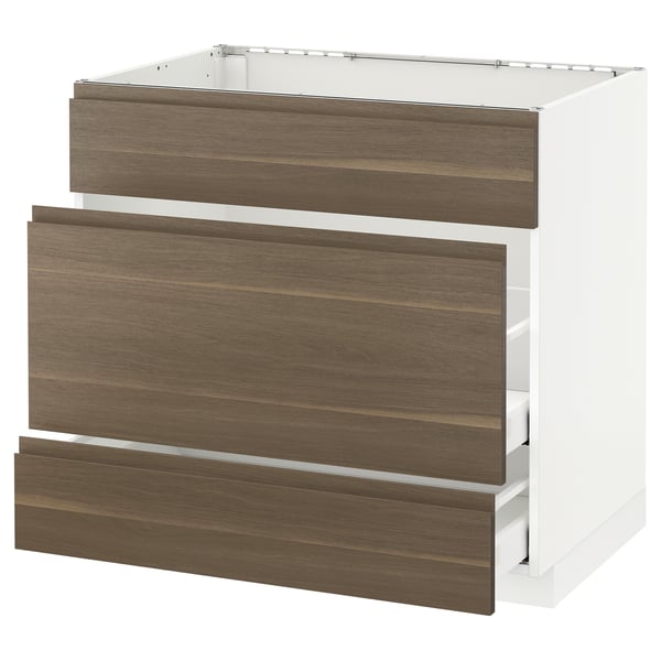 METOD Base cab f sink+3 fronts/2 drawers, white Maximera/Voxtorp walnut, 90x60x80 cm