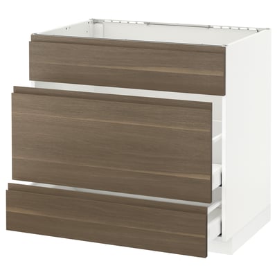 METOD Base cab f sink+3 fronts/2 drawers, white Maximera/Voxtorp walnut, 90x60x80 cm