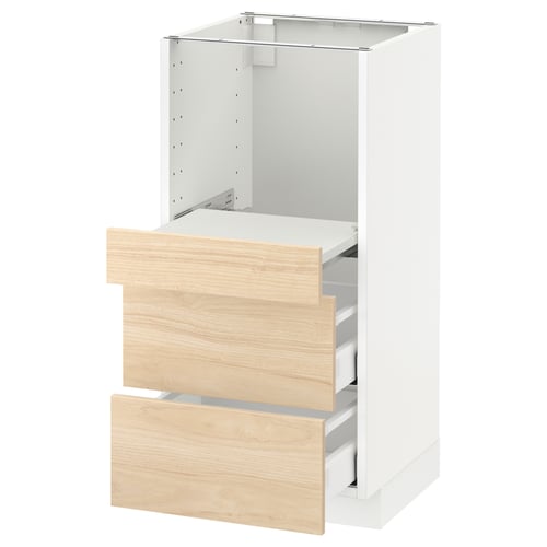 Displays a white ikea METOD kitchen cabinet with light ash wooden drawers. It two drawers and a pull-out shelf.