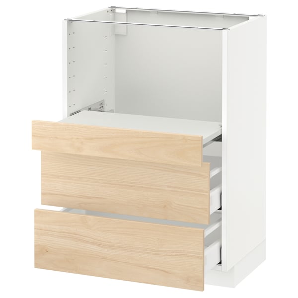 METOD Base cab w pull-out shelf/2 drawers, white Maximera/Askersund light ash effect, 60x41x80 cm