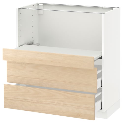 White METOD kitchen cabinet with light ash drawers, modern design, three drawers.