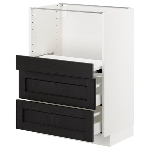 An ikea METOD kitchen cabinet with a black stained lerhyttan finish, featuring two drawers and a pull-out shelf.