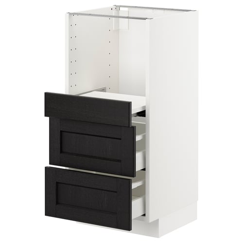 Modern white kitchen cabinet with black wood drawers, rectangular shape, sleek design.