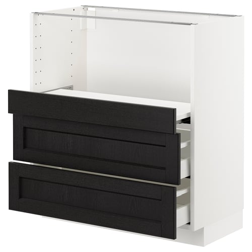 Modern white kitchen cabinet with black stained drawers, sleek design.