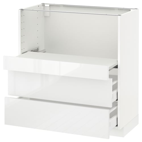 White modern kitchen cabinet with three drawers and metallic frame.