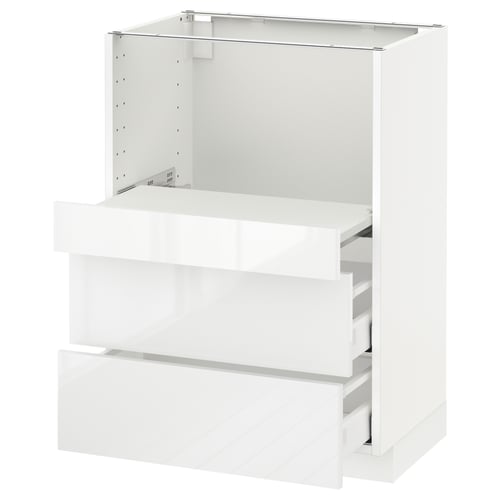 White high-gloss kitchen cabinet with drawer and shelf, modern sleek design.