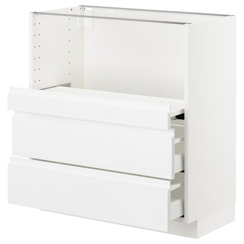 Modern white kitchen cabinet with three drawers and a pull-out shelf. Sleek, minimalist, and glossy design. Made of engineered wood and metal.