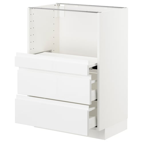 White high-gloss kitchen cabinet unit with multiple drawers.