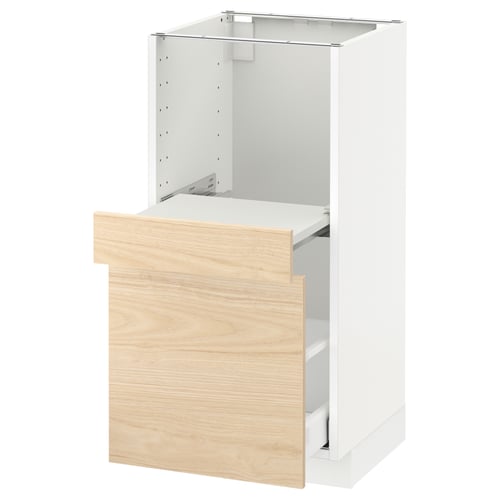 White METOD kitchen cabinet with light ash drawer, wooden finish.