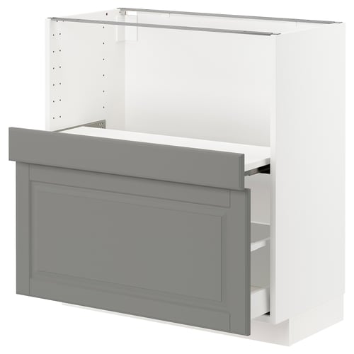 A grey METOD kitchen cabinet with a drawer and shelf, featuring a bevelled edge design.