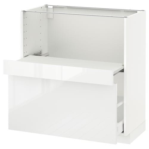 A white METOD kitchen cabinet frame with high gloss drawer.