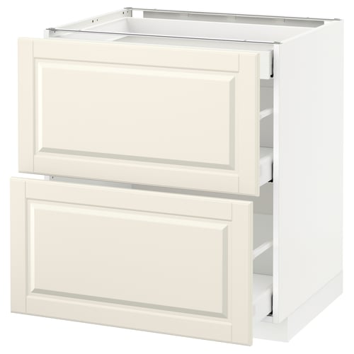 White METOD kitchen cabinet with off-white drawers, traditional design, two soft-close drawers.