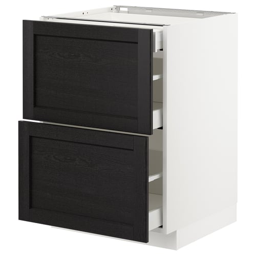A white METOD kitchen cabinet with two dark grey drawers. The drawers have bevelled edges and are partially open.