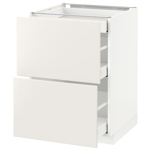 A white ikea METOD kitchen cabinet with smooth drawers. Its rectangular, modern, and clean lines.
