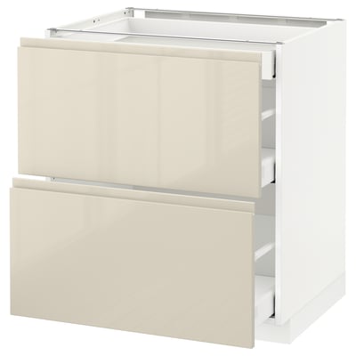 METOD Base cab with 2 fronts/3 drawers, white Maximera/Voxtorp high-gloss light beige, 75x60x80 cm