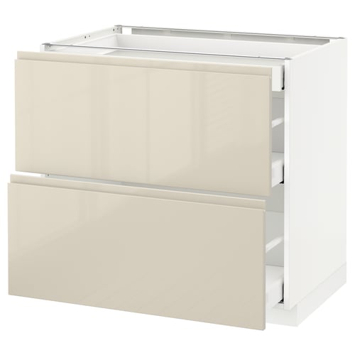 Modern cream-colored kitchen cabinet with two drawers and sleek, handle-less design.