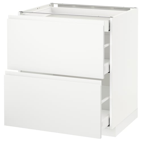 Modern white kitchen cabinet with two drawers, minimalist design.