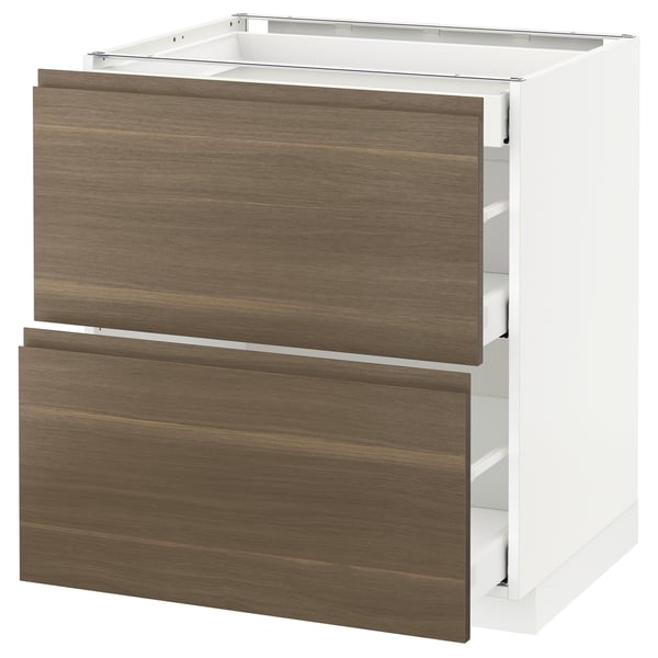 METOD Base cab with 2 fronts/3 drawers, white Maximera/Voxtorp walnut, 75x60x80 cm
