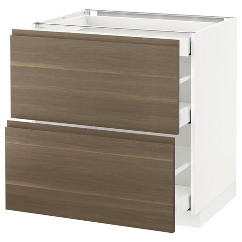 METOD kitchen unit, white and dark walnut, two drawers with integrated handles. Modern and minimalist design.