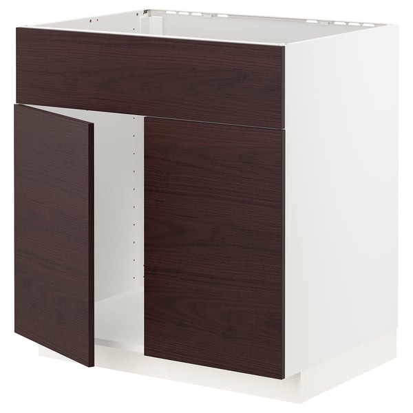 METOD Base cabinet f sink w 2 doors/front, white Askersund/dark brown ash effect, 80x60x80 cm