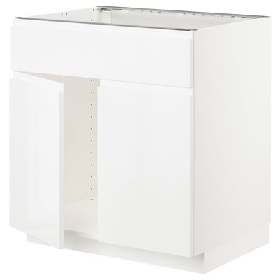 METOD Base cabinet f sink w 2 doors/front, white/Voxtorp high-gloss/white, 80x60x80 cm