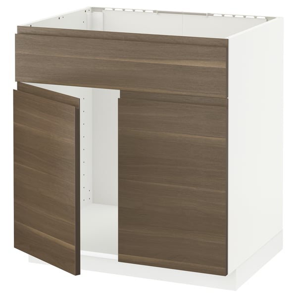 METOD Base cabinet f sink w 2 doors/front, white/Voxtorp walnut effect, 80x60x80 cm
