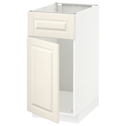 White METOD kitchen cabinet with off-white doors and drawer.