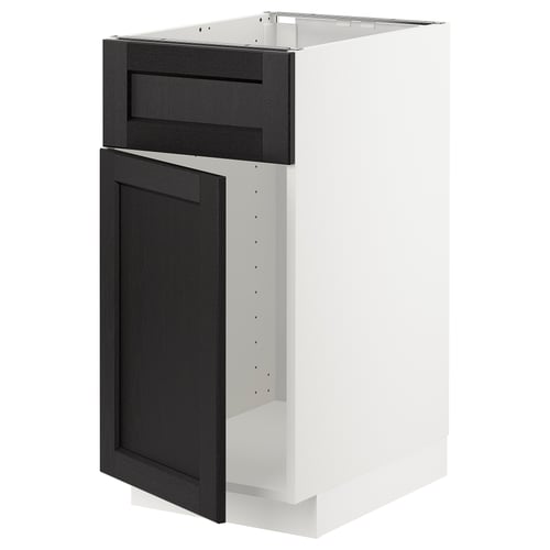 A black and white kitchen cabinet from the METOD system, featuring black stained lerhyttan fronts with bevelled edges, giving it a traditional look.