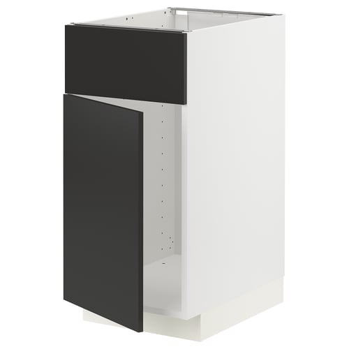 Modern kitchen cabinet in black and white, featuring sleek design with one open compartment and one closed door, made from particleboard and laminate.