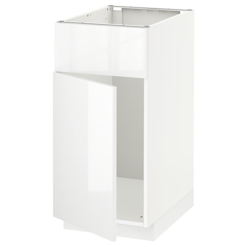 A white, modern kitchen cabinet from IKEAs METOD system. Its glossy, rectangular, and has a sleek, minimalist design.