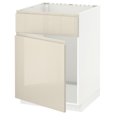 METOD Base cabinet f sink w door/front, white/Voxtorp high-gloss light beige, 60x60x80 cm