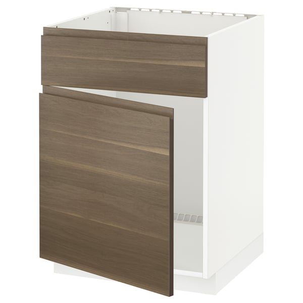 METOD Base cabinet f sink w door/front, white/Voxtorp walnut effect, 60x60x80 cm