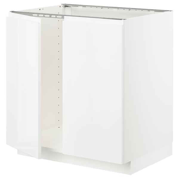 METOD Base cabinet for sink + 2 doors, white/Voxtorp high-gloss/white, 80x60x80 cm