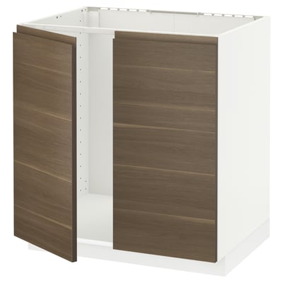 METOD Base cabinet for sink + 2 doors, white/Voxtorp walnut effect, 80x60x80 cm