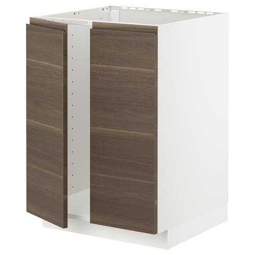 A white METOD kitchen cabinet with dark walnut effect doors. It a sturdy frame and minimalist design.