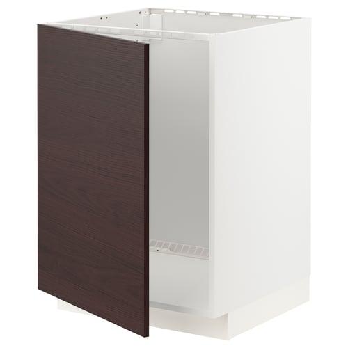 An ikea METOD kitchen cabinet with a dark brown askersund front. Its rectangular, white, with a modern design and wooden panel.
