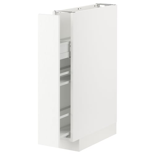 White METOD kitchen cabinet with pulled-out shelves, modern wood design.