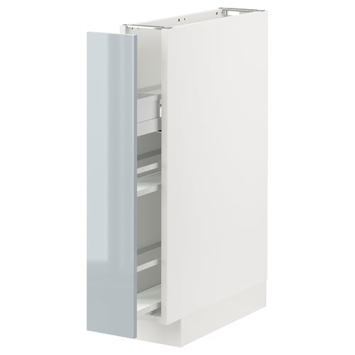 White METOD cabinet with gray-blue pull-out shelves.