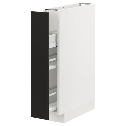 Modern white METOD kitchen unit with matt black nickebo doors. Square shape, sleek design, pull-out shelves.