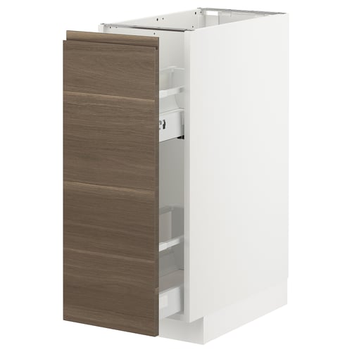Modern kitchen cabinet in white and dark walnut, pull-out drawers.