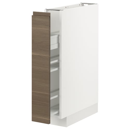 A white METOD kitchen cabinet with dark walnut effect pull-out shelves.