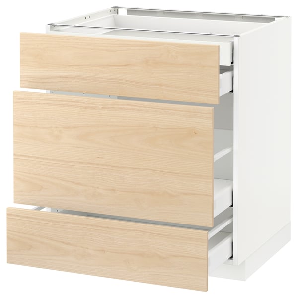 METOD Base cabinet w 3 fronts/4 drawers, white Maximera/Askersund light ash effect, 75x60x80 cm