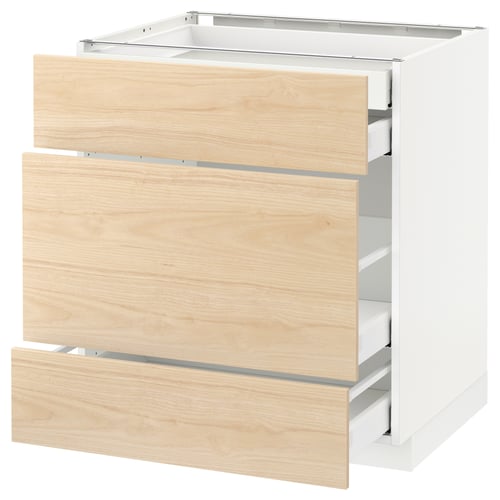 White METOD kitchen cabinet with three light ash wood drawers. Sturdy, modern design for efficient storage.