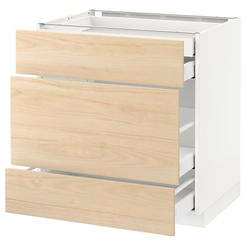 A METOD kitchen cabinet with light ash wood askersund fronts, featuring three drawers.