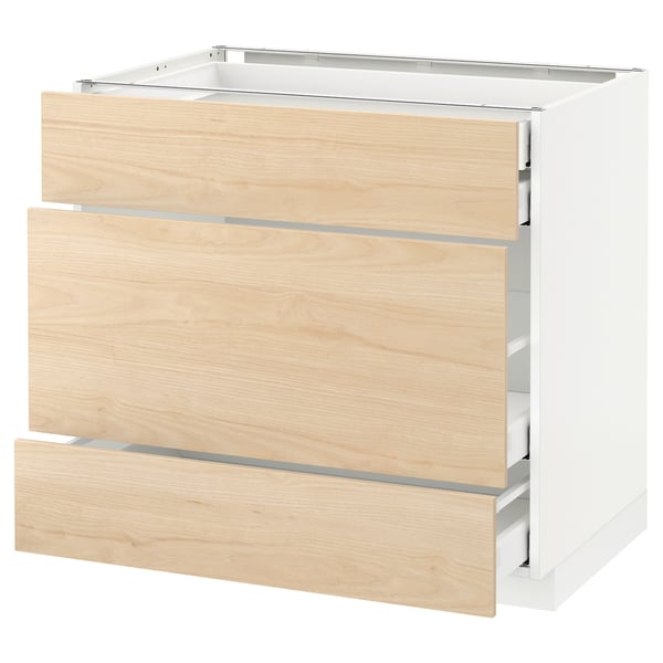METOD Base cabinet w 3 fronts/4 drawers, white Maximera/Askersund light ash effect, 90x60x80 cm