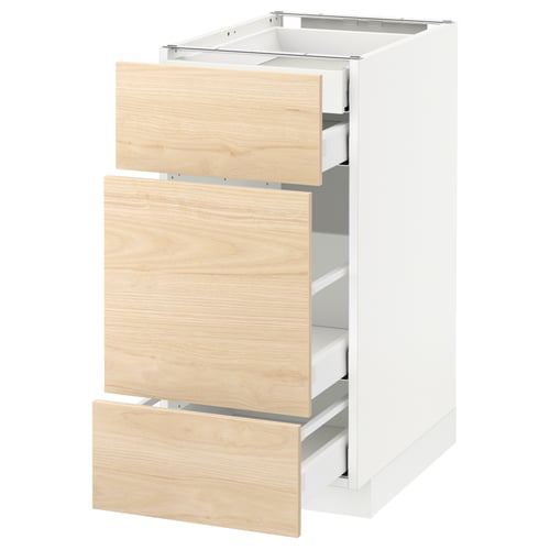 White METOD kitchen cabinet with light ash drawers, made of particleboard and melamine, featuring a sleek and modern design.