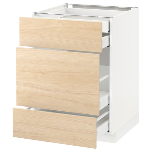 A white METOD kitchen cabinet with light ash wood drawers. It has three drawers and a compartment, featuring a sleek modern design.