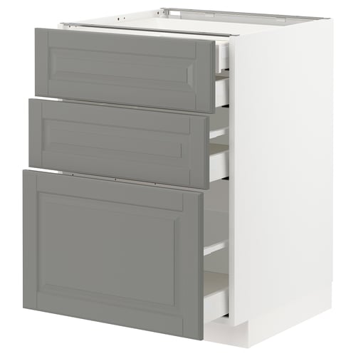 Grey METOD kitchen cabinet with three drawers and bevelled edges.